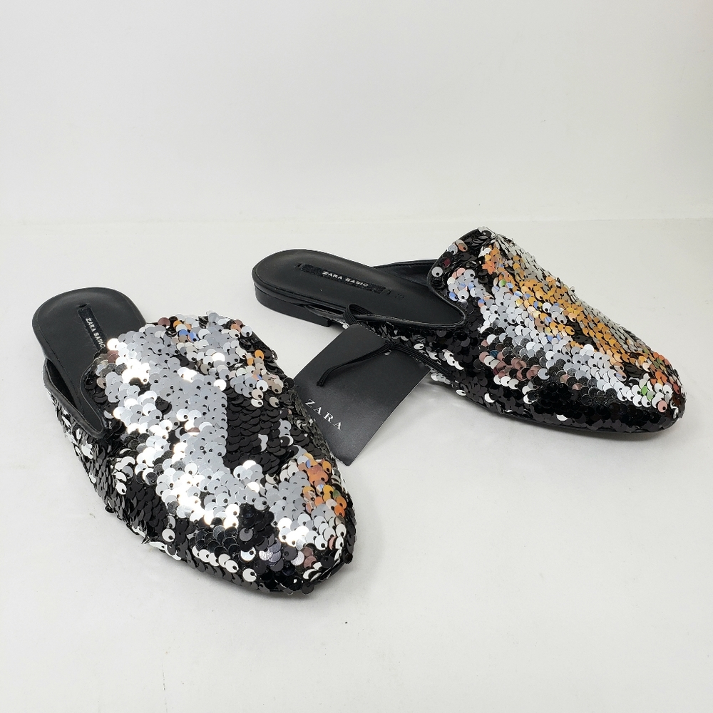 Zara Black Silver Flip Sequin Mules Shoes Slip Ons